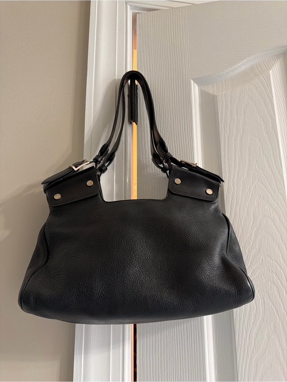 Gianni Versace Vintage Black Leather Shoulder Bag with Silver Buckle Accents